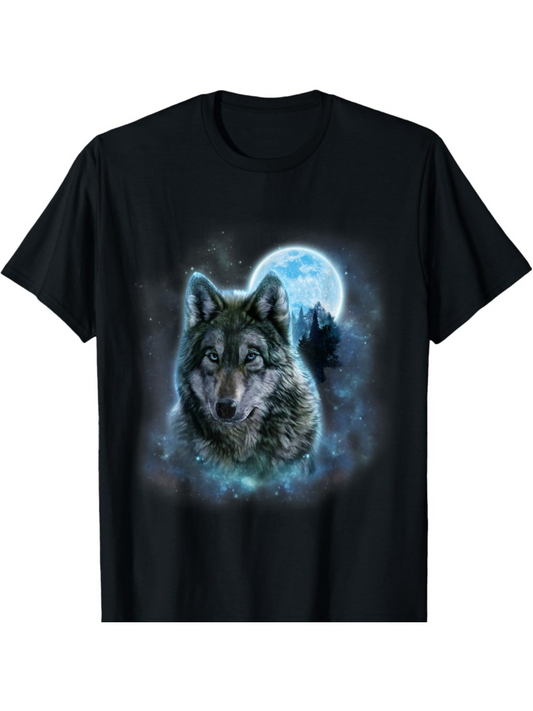 Men's Graphic T-Shirt Mystical Night With Glowing Full Moon And Luminous Mist Wolf