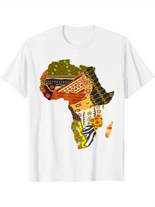Men's Graphic T-Shirt Colorful Patterned Motifs With Traditional Textures Over Africa Map
