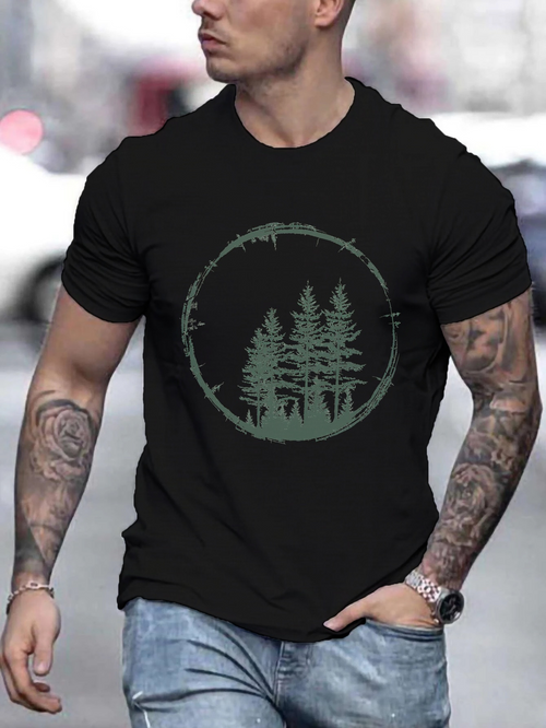 Men's Graphic T-Shirt Faded Vintage Circle Forest With Pine Trees Silhouetted Under Moonlit Night Sky