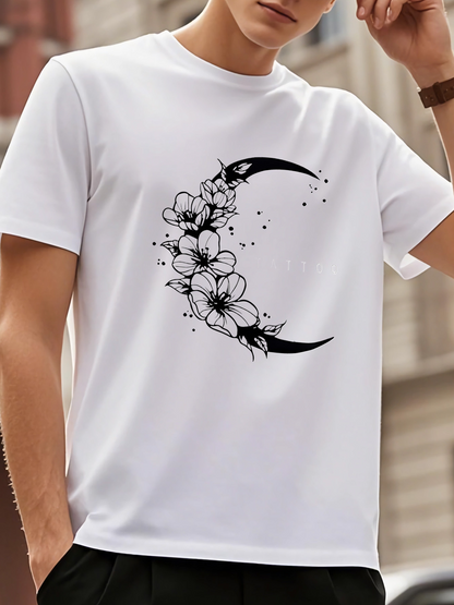 Men's Graphic T-Shirt Blooming Spring Florals Flowing Among Crescent Moon Petals