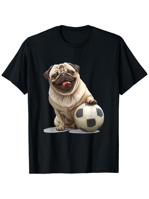 Men's Graphic T-Shirt Charming Chubby Pug With Smiling Face Sitting Beside Soccer Ball