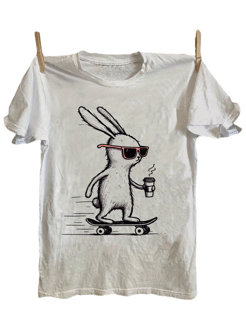 Men's Graphic T-Shirt Cool Bunny Wearing Sunglasses With Coffee Riding A Skateboard