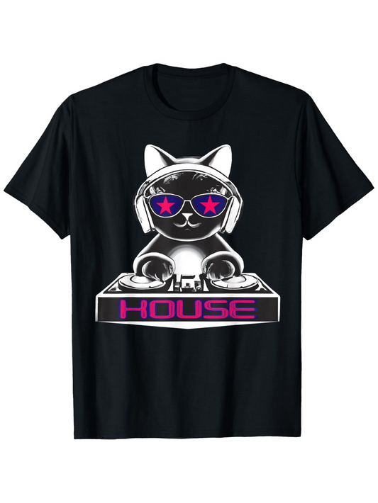 Men's Graphic T-Shirt Futuristic Neon DJ Booth With Cat Wearing Headphones House