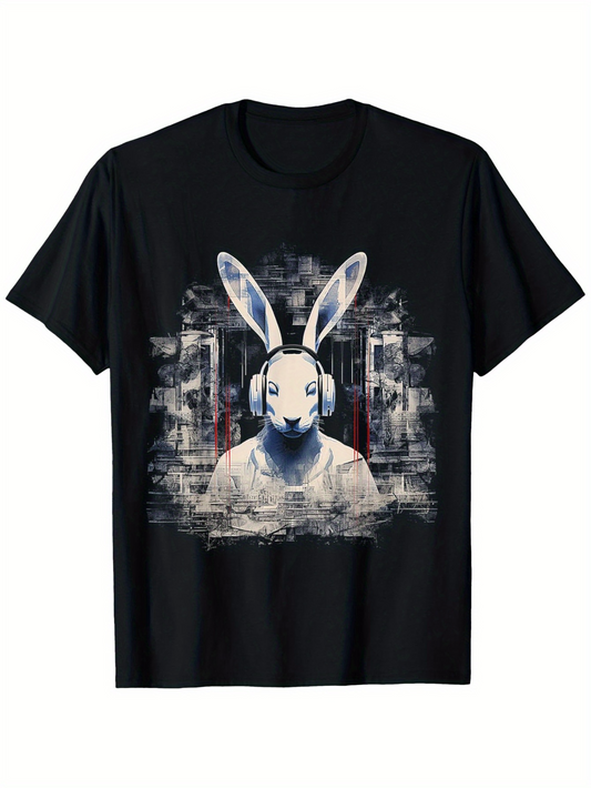 Men's Graphic T-Shirt Surreal Cityscape With Headphones Wearing Rabbit In A Painted Abstract Urban Setting Rabbit