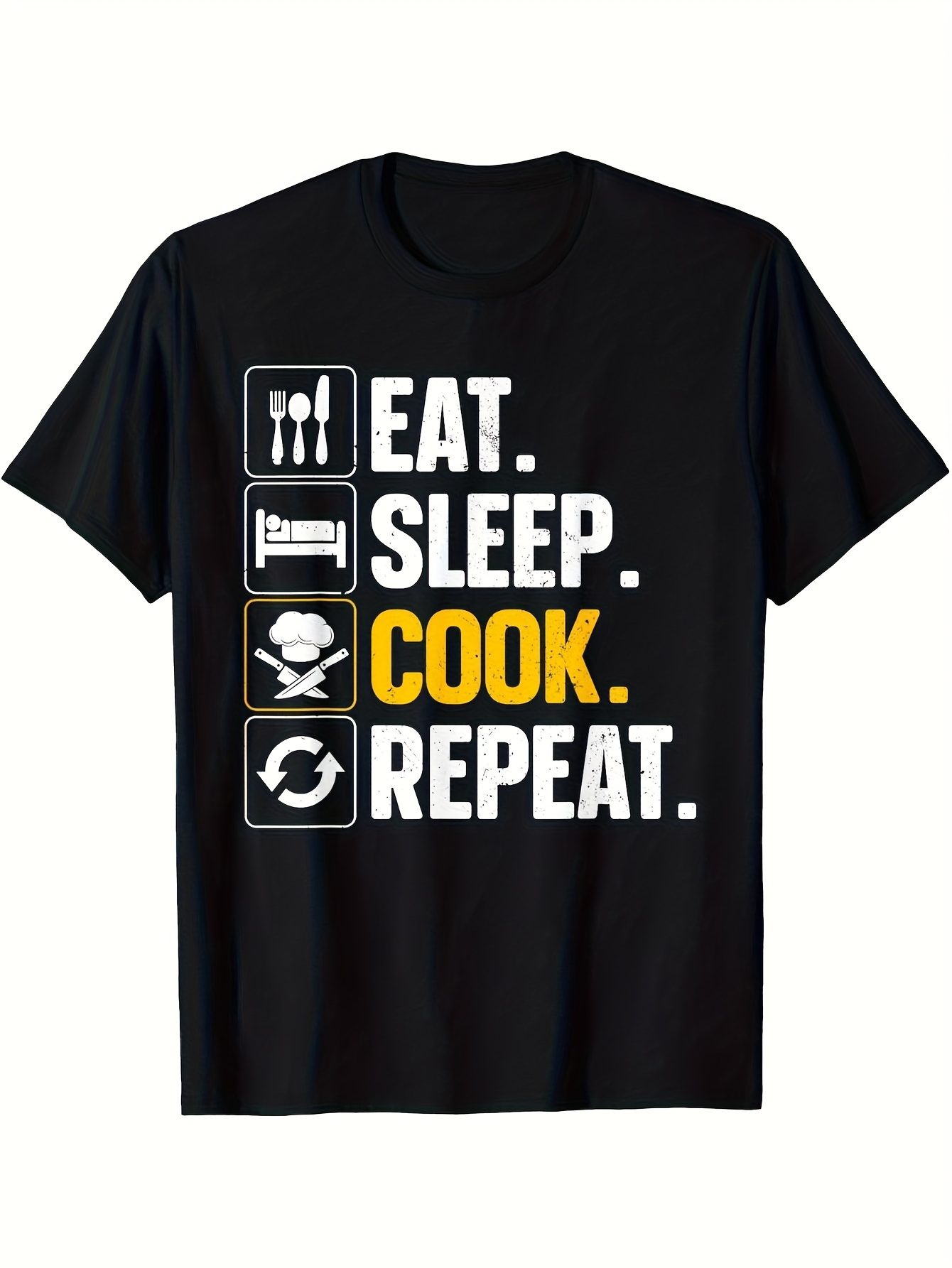 Men's Graphic T-Shirt Eat Sleep Cook Repeat Graphic With Cooking Utensils Icon On Black Shirt