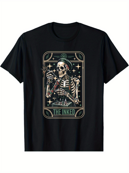 Men's Graphic T-Shirt Vintage Skeleton Surrounded By Stars Holding Tattoo Machine