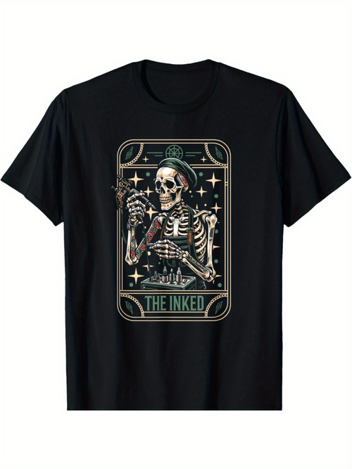 Men's Graphic T-Shirt Vintage Skeleton Surrounded By Stars Holding Tattoo Machine