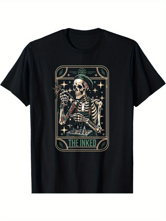 Men's Graphic T-Shirt Vintage Skeleton Surrounded By Stars Holding Tattoo Machine