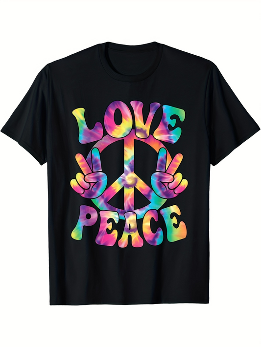 Men's Graphic T-Shirt Love Peace With Colorful Tie Dye Text And Peace Sign