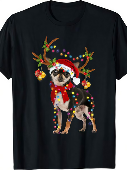 Men's Graphic T-Shirt Colorful Festive String Lights On Chihuahua Wearing Red Scarf Dog