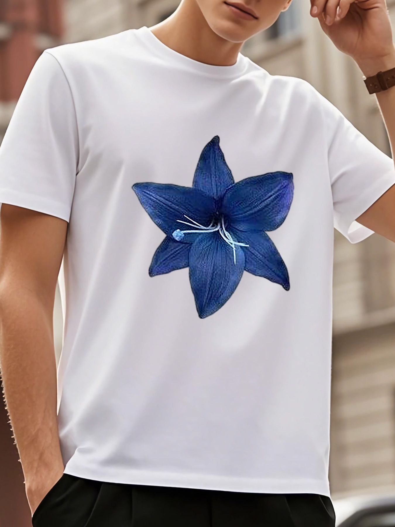 Men's Graphic T-Shirt Vivid Blue Petals Surrounded By Gentle Light Highlighting A Large Flower