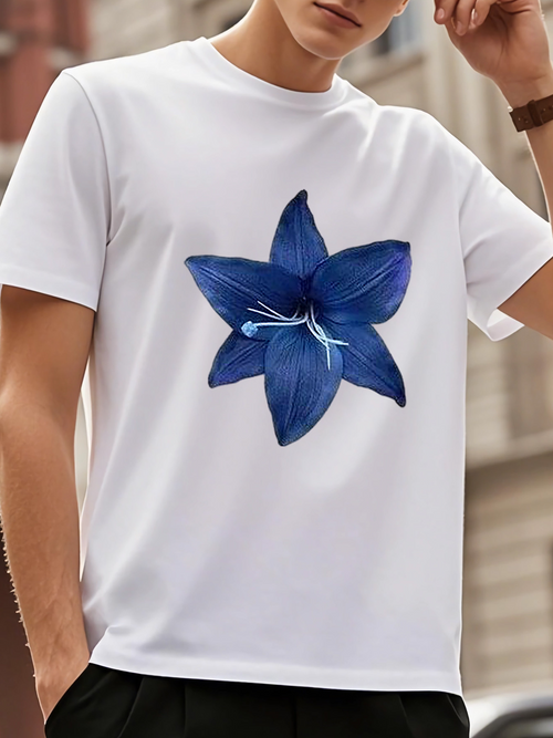 Men's Graphic T-Shirt Vivid Blue Petals Surrounded By Gentle Light Highlighting A Large Flower