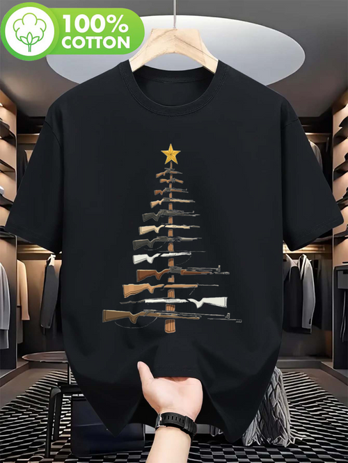 Men's Graphic T-Shirt Stacked Firearms Arranged As A Festive Christmas Tree With Golden Star Tree