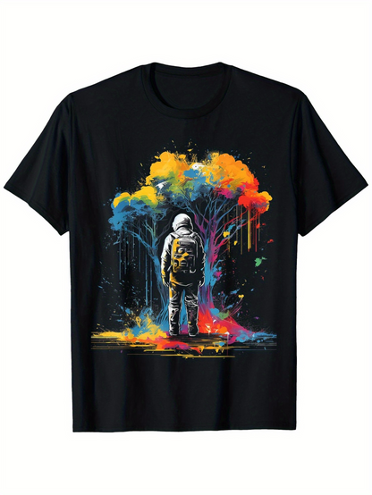 Men's Graphic T-Shirt Colorful Dreamlike Splashes Surrounding A Painted Astronaut Under Vibrant Trees
