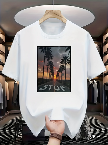 Men's Graphic T-Shirt Sunset Road Lined With Towering Palms Leading To The Horizon