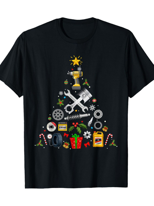 Men's Graphic T-Shirt Christmas Tree Made Of Car Tools Wrenches Pistons Gears And Auto Parts