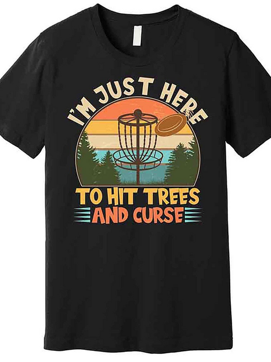 Men's Graphic T-Shirt Im Just Here Vintage Sunset Colors Disc Golf And Tall Evergreen Trees Basket