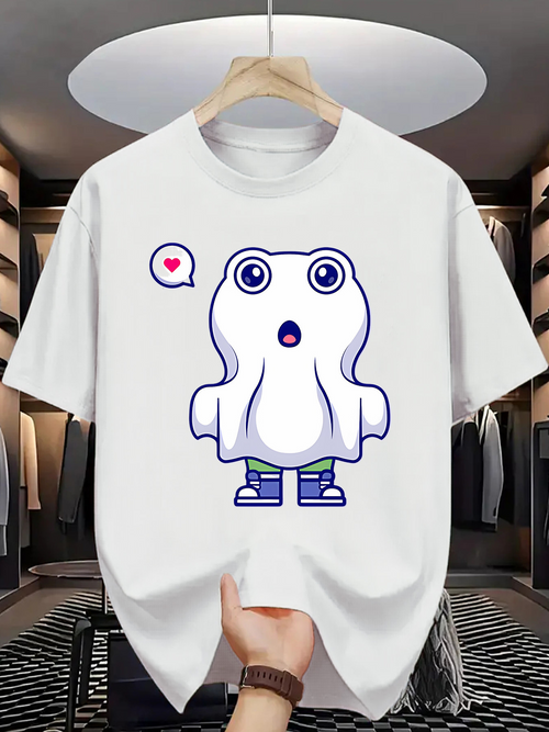 Men's Graphic T-Shirt Cute Cartoon Ghost With Blue Sneakers And Heart Bubble Character