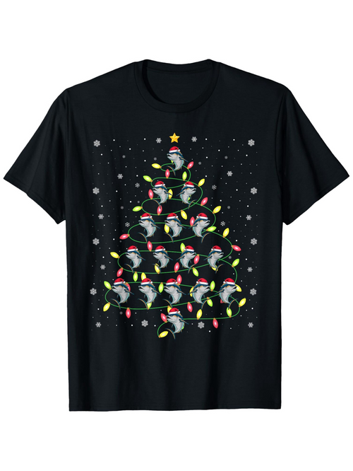 Men's Graphic T-Shirt Festive Christmas Tree With Fairy Lights And Santa Hat Shark Pattern