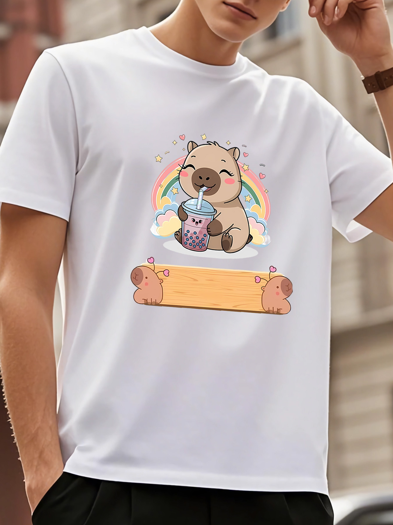 Men's Graphic T-Shirt Rainbow With Clouds And Cartoon Animal Holding A Drink Capybara