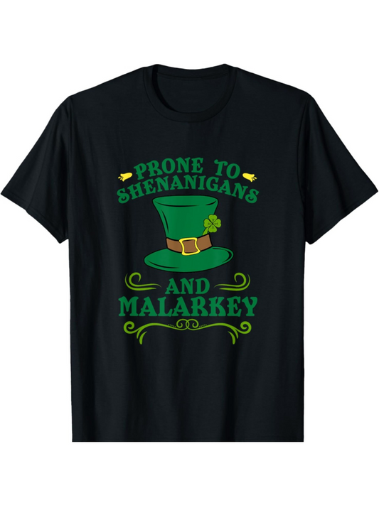 Men's Graphic T-Shirt Prone To Shenanigans And Malarkey With Green Hat Surrounded By Decorative Motifs