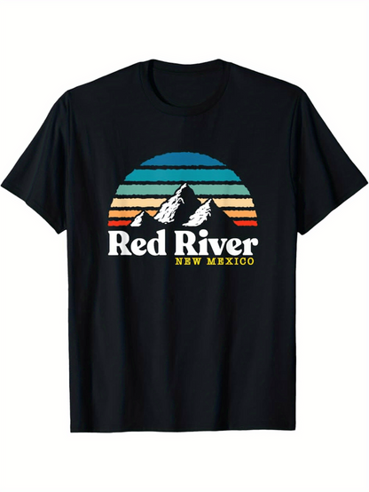 Men's Graphic T-Shirt Red River New Mexico Retro Colorful Sunset With Snowcapped Mountains