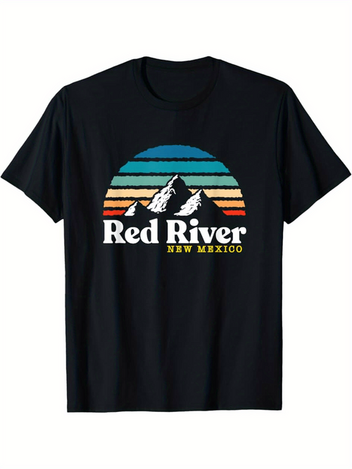 Men's Graphic T-Shirt Red River New Mexico Retro Colorful Sunset With Snowcapped Mountains
