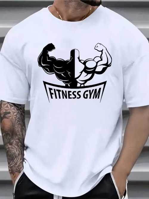 Men's Graphic T-Shirt Fitness Gym Flexing Muscular Arms With Contrasting Black And White Strength