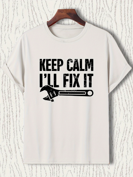 Men's Graphic T-Shirt Keep Calm I Will Fix It With Bold Wrench Drawing Graphic Tool