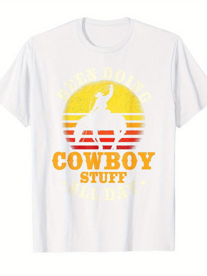 Men's Graphic T-Shirt Sunset Retro Silhouette Of Cowboy Holding Lasso Riding Horse
