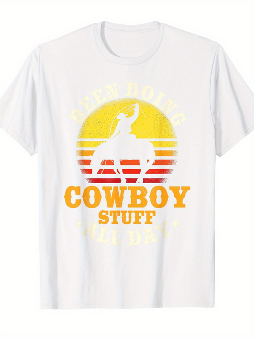 Men's Graphic T-Shirt Sunset Retro Silhouette Of Cowboy Holding Lasso Riding Horse