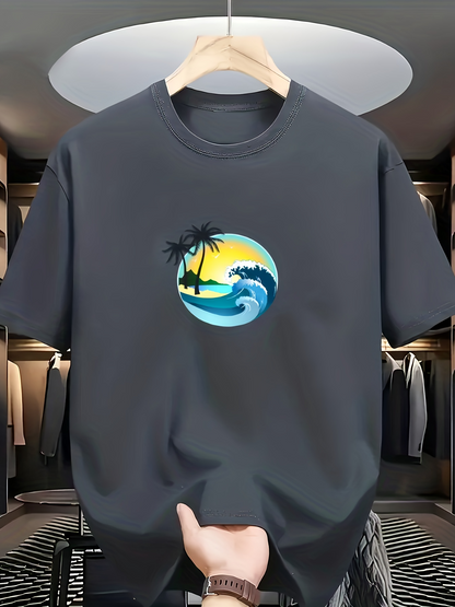 Men's Graphic T-Shirt Golden Sunset With Ocean Waves And Palm Trees Beach