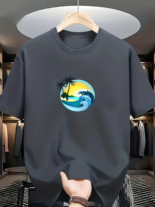 Men's Graphic T-Shirt Golden Sunset With Ocean Waves And Palm Trees Beach