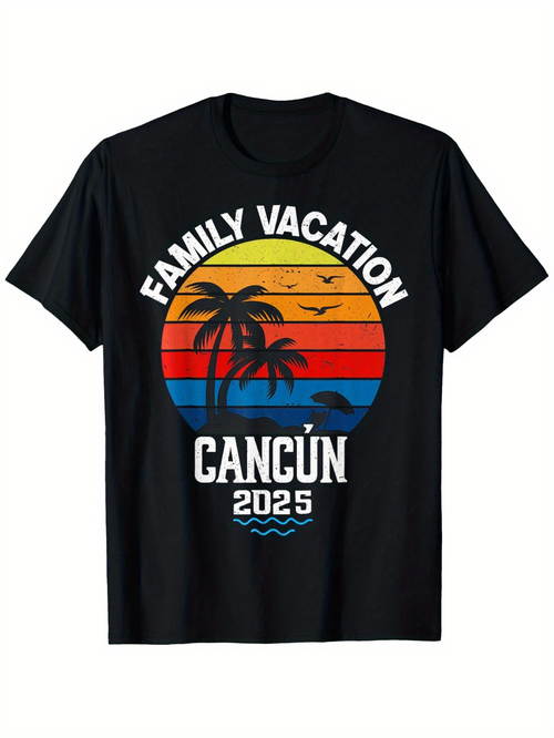 Men's Graphic T-Shirt Family Vacation Cancun 2025 Sunset Beach With Palm Trees And Soaring Birds
