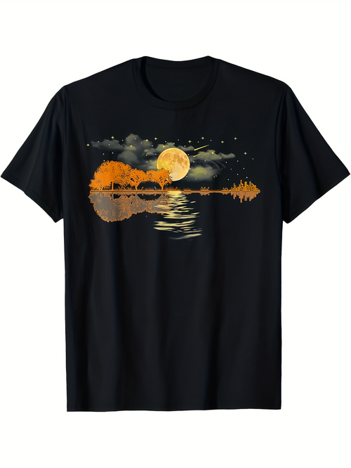 Men's Graphic T-Shirt Golden Sunset Lake Reflections With Trees Clouds And Full Moon Guitar
