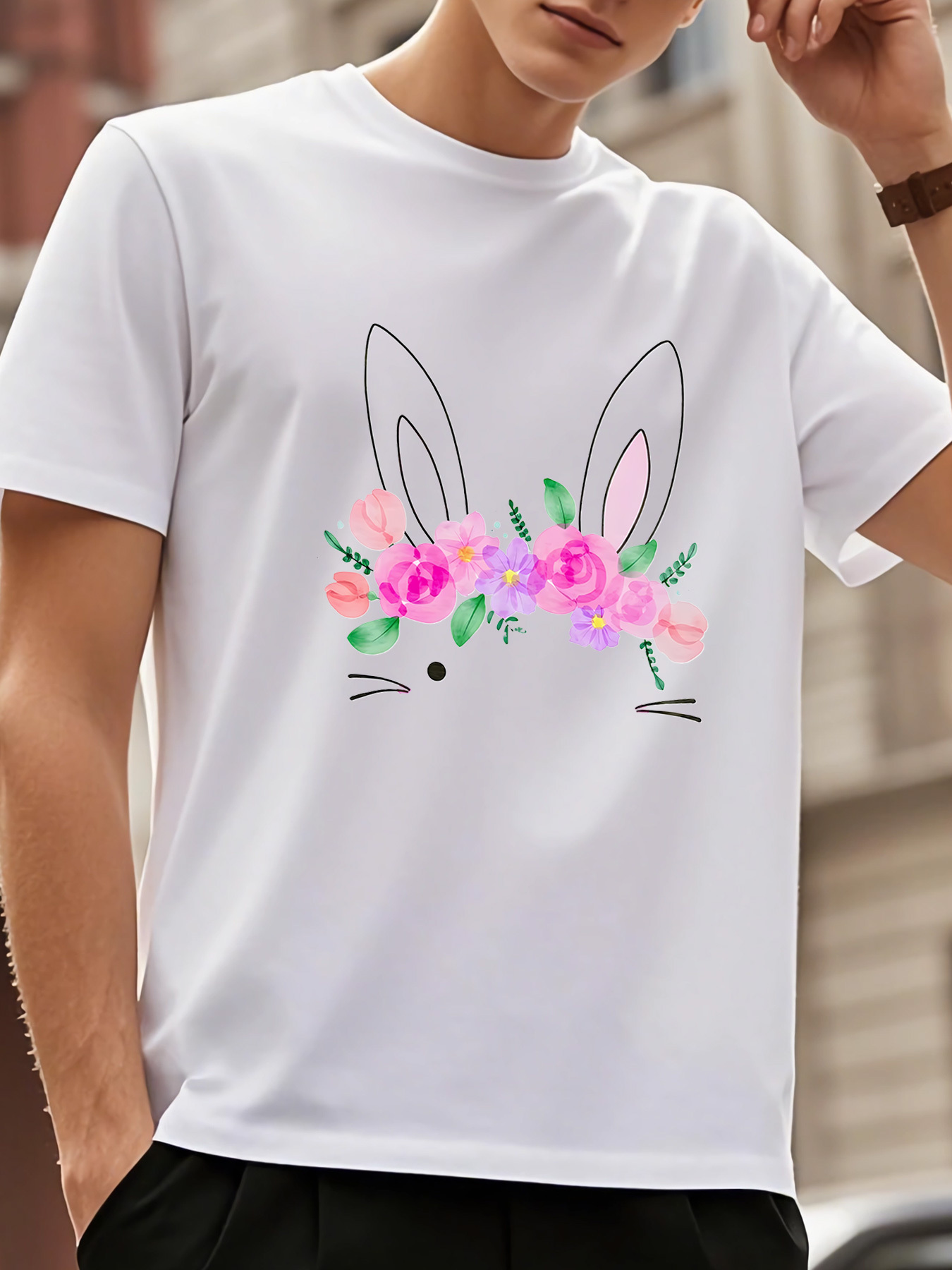 Men's Graphic T-Shirt Blossoming Pastel Florals Crown Adorning Gentle Bunny Face