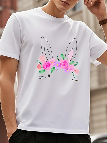 Men's Graphic T-Shirt Blossoming Pastel Florals Crown Adorning Gentle Bunny Face