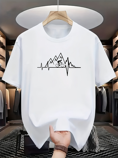 Men's Graphic T-Shirt Heartbeat Line Among Mountains With Cyclist Riding Bicycle