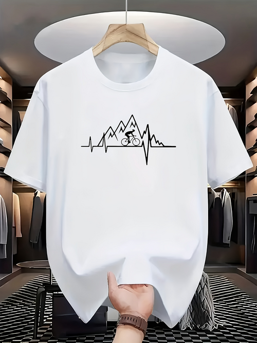 Men's Graphic T-Shirt Heartbeat Line Among Mountains With Cyclist Riding Bicycle
