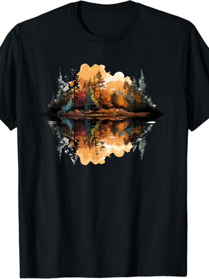 Men's Graphic T-Shirt Golden Autumn Landscape Reflected Over Calm Still Lake Forest