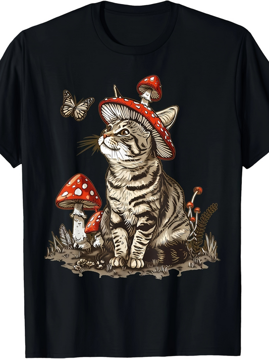 Men's Graphic T-Shirt Striped Cat Sitting Among Mushrooms With Butterfly On Hat