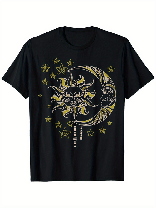 Men's Graphic T-Shirt Celestial Sun And Moon With Shining Golden Stars Cosmic Sky
