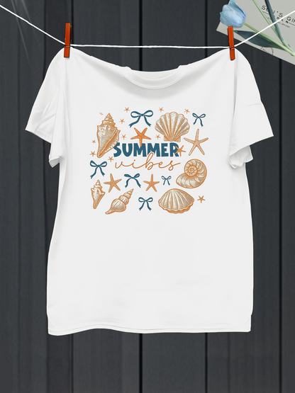 Men's Graphic T-Shirt Summer Vibes With Seashells Starfish And Handwritten Waves Pattern