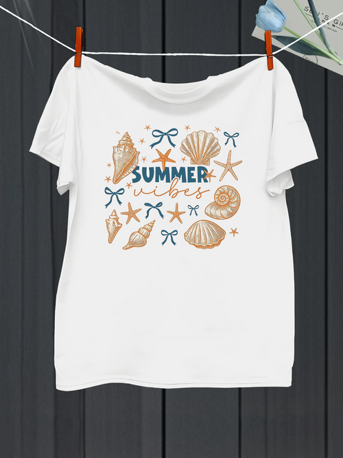 Men's Graphic T-Shirt Summer Vibes With Seashells Starfish And Handwritten Waves Pattern