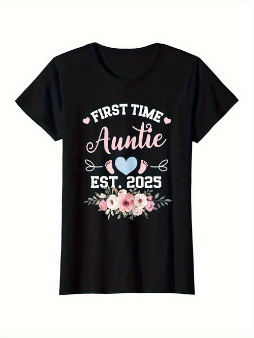 Men's Graphic T-Shirt First Time Auntie With Blue Heart Pink Flowers And Baby Announcement Shirt