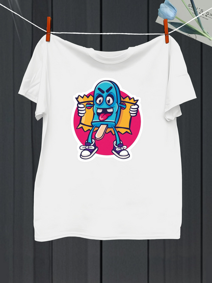 Men's Graphic T-Shirt Cartoon Blue Popsicle Dancing With Chips And Neon Pink Background