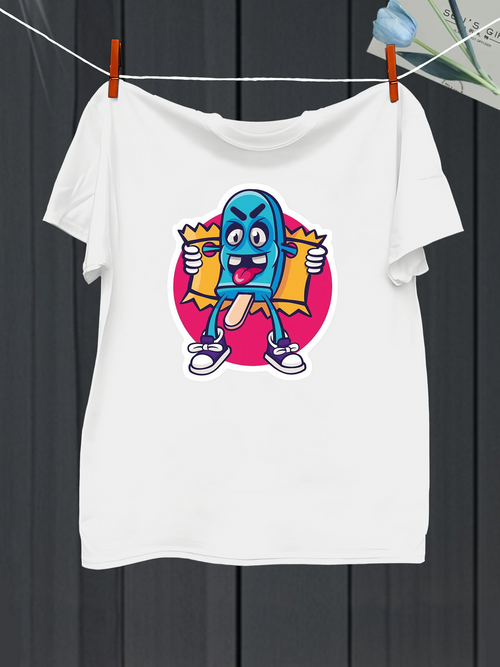 Men's Graphic T-Shirt Cartoon Blue Popsicle Dancing With Chips And Neon Pink Background