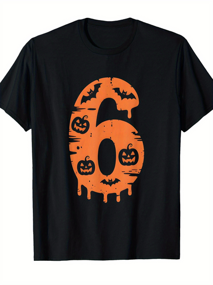 Men's Graphic T-Shirt Dripping Orange Six Surrounded By Pumpkins And Flying Bats Number