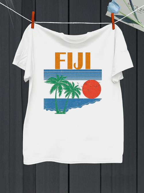 Men's Graphic T-Shirt Fiji Palm Trees With Vibrant Sunset Over Calm Ocean