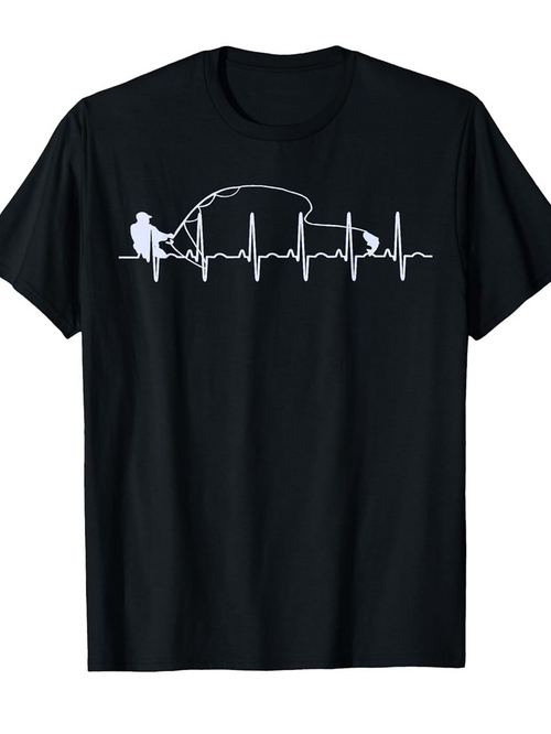Men's Graphic T-Shirt Heartbeat Line With Fishing Rod River And Relaxed Fisherman